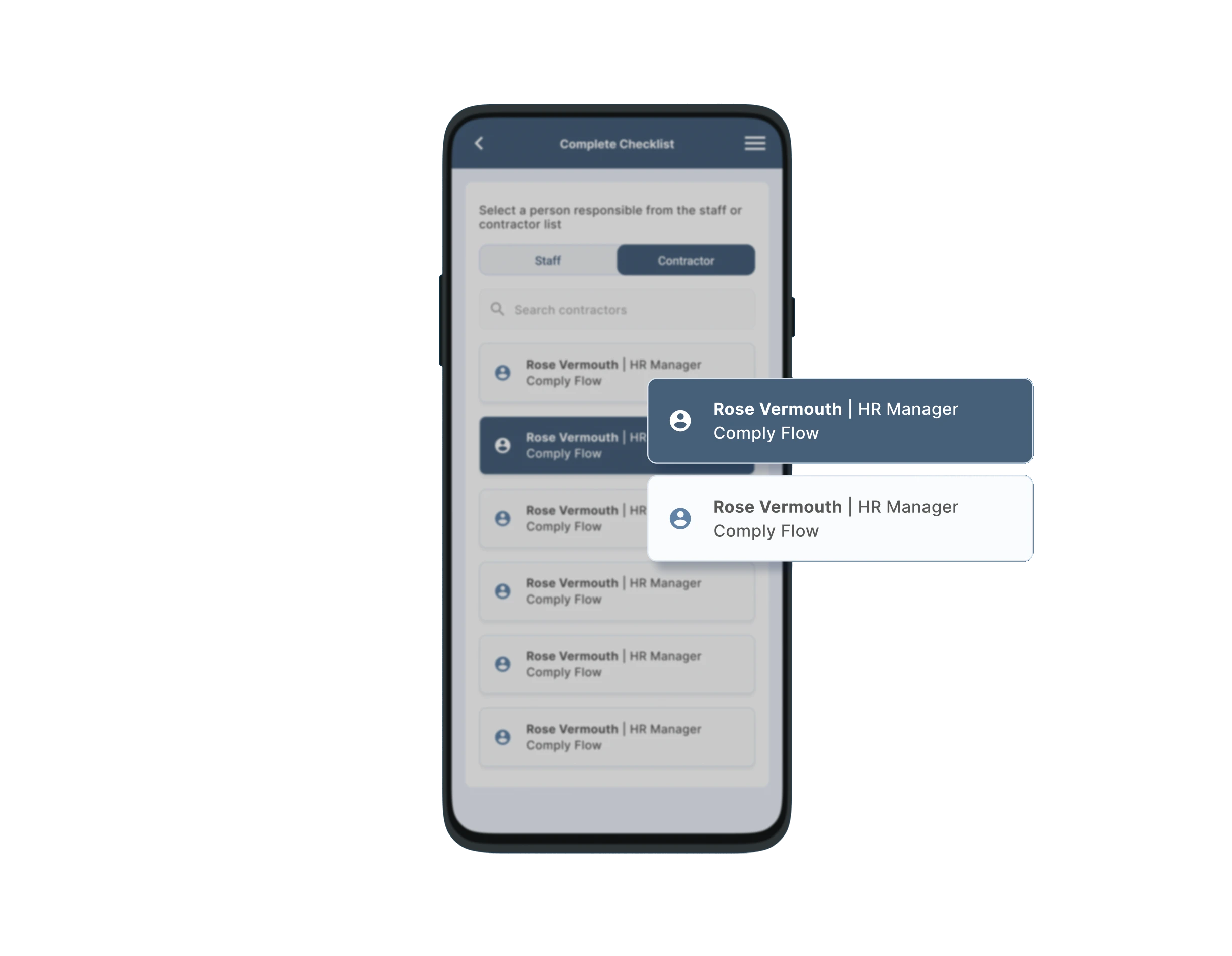 "Mobile inspection app showing inspection checklist assignment to Rose Vermouth HR Manager - powerful safety inspections with zero learning curve featuring automated inspection workflow assignment and comprehensive inspection modules for safety inspections that scale with your business and transform site safety
